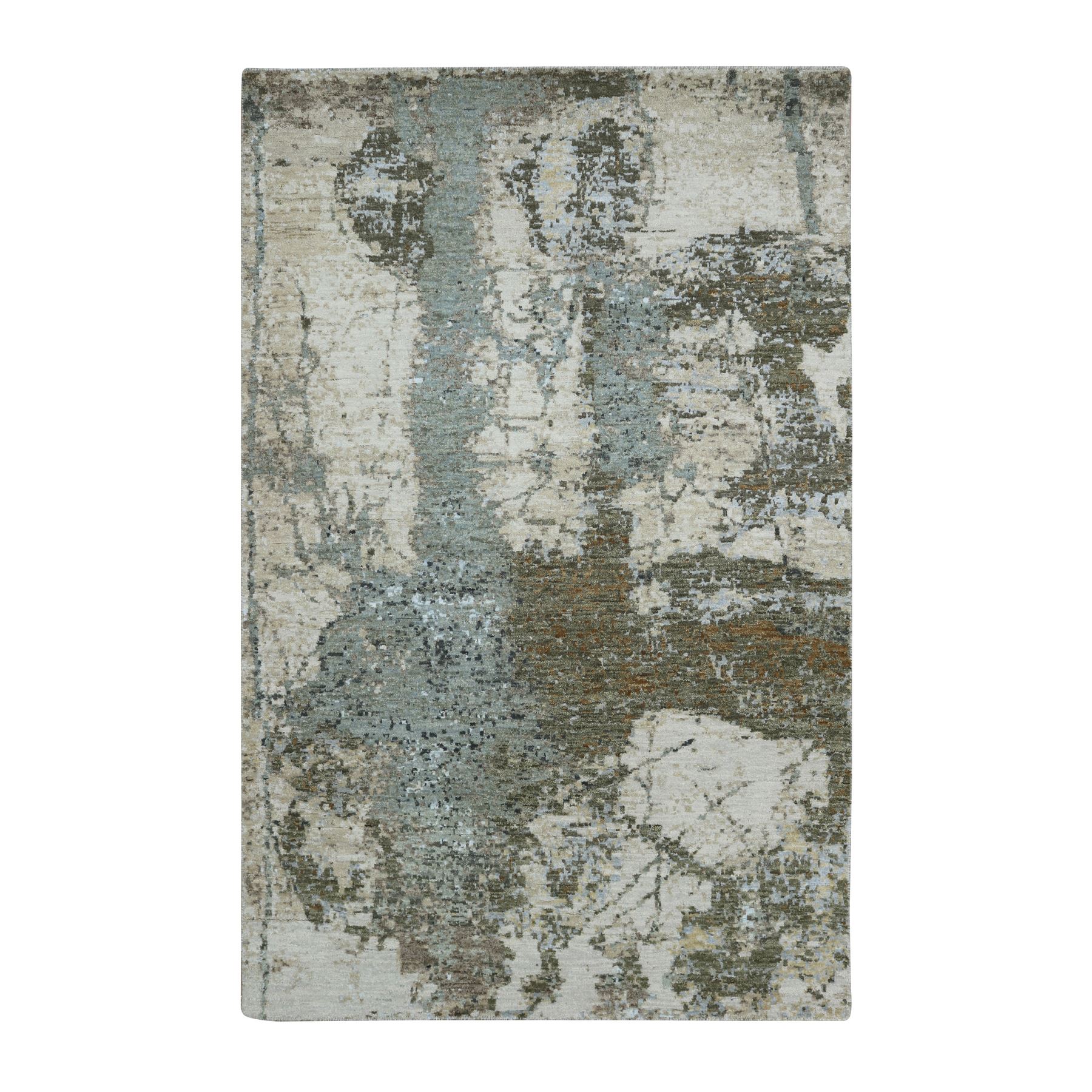 Brown with Beige, 100% Wool, Persian Knot, Abstract with Galaxy Design, Hand Knotted, Densely Woven, Oriental Rug